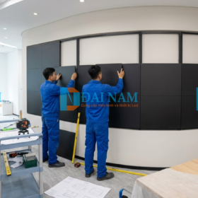 Kỹ thuật viên đang tiến hành quy trình thi công lắp đặt các tấm module màn hình LED vào khung chịu lực.
