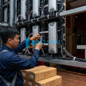 Đội ngũ kỹ thuật viên đang thi công lắp ráp khung và cabin màn hình LED tại cơ sở giáo dục.