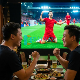 Cận cảnh biểu cảm phấn khích của cổ động viên xem bóng đá trước màn hình LED ghép kích thước lớn có độ phân giải cao Full HD, hình ảnh mượt mà, không bị sọc.