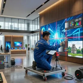 Kỹ thuật viên của công ty lắp màn hình led p2 đang thi công bằng máy laser