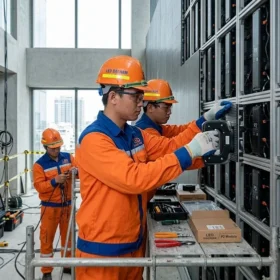 Đội ngũ kỹ thuật của công ty lắp màn hình LED P2 đang thi công tại công trình.