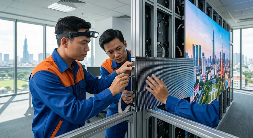 Kỹ thuật viên của công ty lắp màn hình led p2 đang thi công dự án.