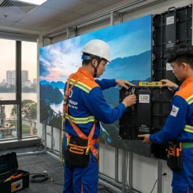 Kỹ thuật viên của công ty lắp màn hình led p2 đang thi công tại công trình