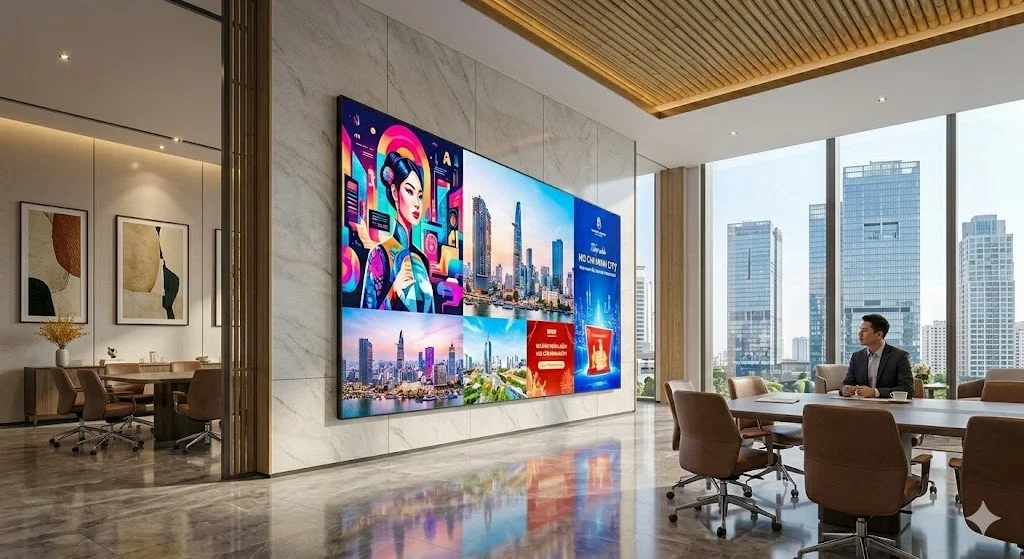 Màn hình LED phòng họp hiện đại lắp đặt bởi dịch vụ làm màn hình led hcm uy tín.