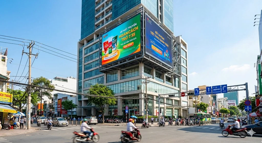 Thi công màn hình LED quảng cáo ngoài trời chuyên nghiệp của dịch vụ làm màn hình led hcm.