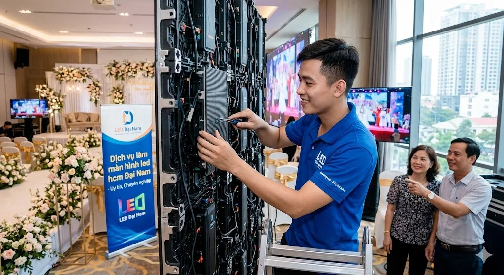 Kỹ thuật viên đang trực tiếp thi công lắp đặt dự án cho dịch vụ làm màn hình led hcm.