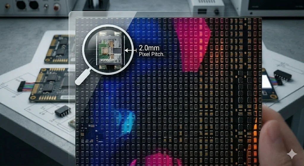 Cận cảnh mật độ điểm ảnh siêu mịn của tấm led module p2 trong nhà cao cấp