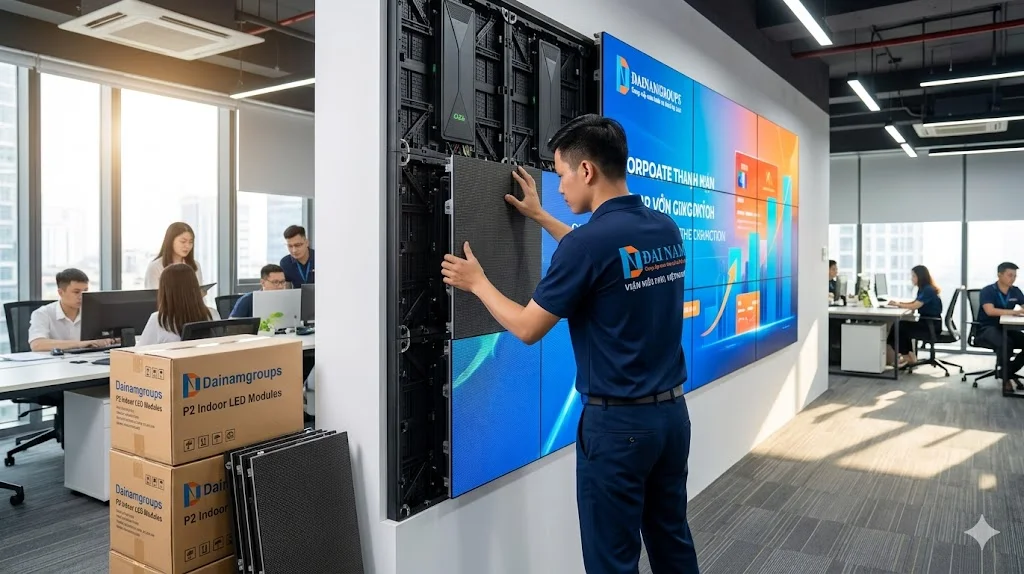Kỹ thuật viên Dainamgroups đang thi công lắp đặt led module p2 trong nhà cho khách hàng