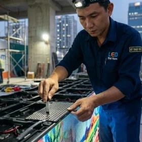 Kỹ thuật viên LED Đại Nam đang thi công lắp đặt màn hình LED P1.86 cho khách hàng