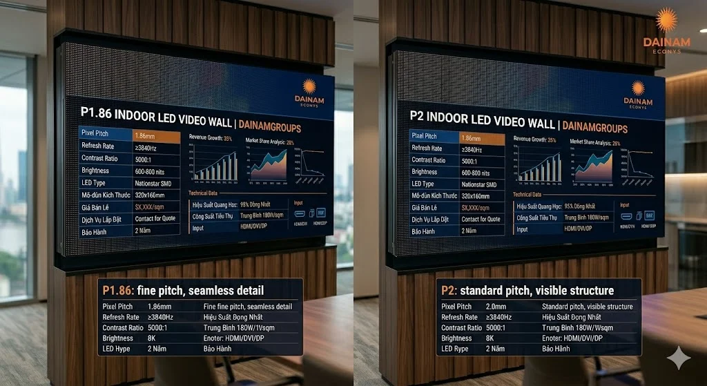 So sánh độ mịn giữa màn hình led p1 86 và dòng P2 thông thường tại showroom