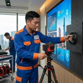 Kỹ thuật viên LED Đại Nam đang trực tiếp thi công màn hình led p2 hội trường nhỏ cho khách hàng