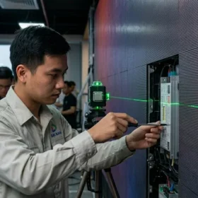 Kỹ thuật viên đang thi công lắp đặt màn hình led p2 hội trường nhỏ trọn gói