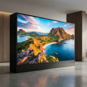 Toàn cảnh lắp đặt màn hình LED P2.5 trong nhà tại showroom hiện đại của LED Đại Nam