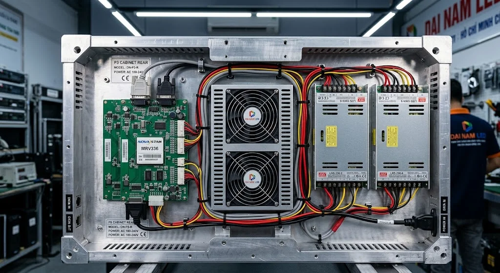 Chi tiết kỹ thuật mặt sau của màn hình led P3 với hệ thống card NovaStar