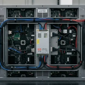 Cận cảnh hệ thống khung bệ và linh kiện phía sau của màn hình LED P3 lắp đặt chuẩn