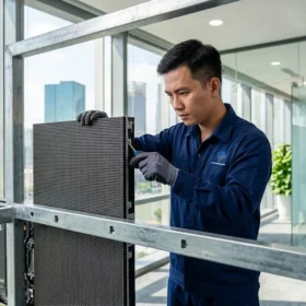 Kỹ sư Đại Nam đang tiến hành thi công lắp ráp hệ thống màn hình led P3.