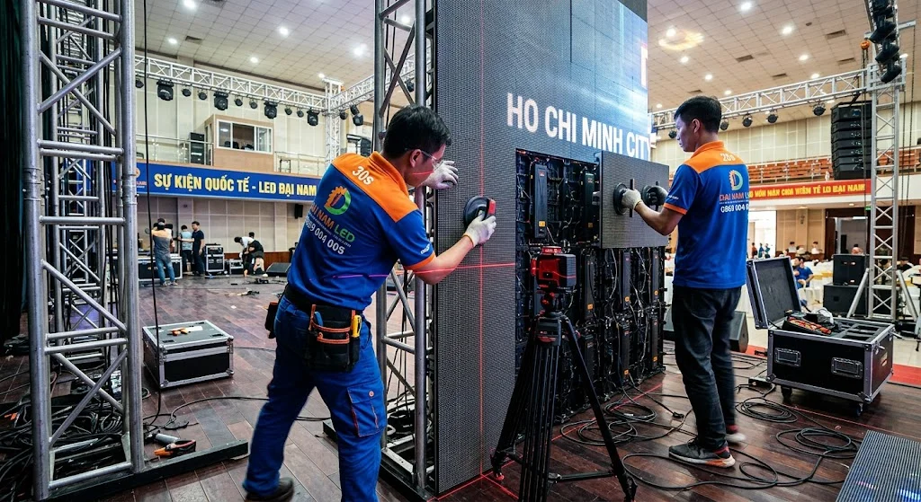 Kỹ thuật viên LED Đại Nam đang thi công lắp đặt màn hình led P3 tại công trình