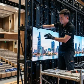 Kỹ thuật viên LED Đại Nam đang thi công lắp đặt màn hình LED P3 tại công trình