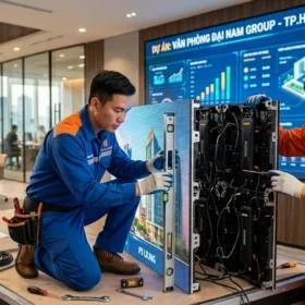 Kỹ thuật viên LED Đại Nam đang tiến hành lắp đặt màn hình LED P3 cho khách hàng