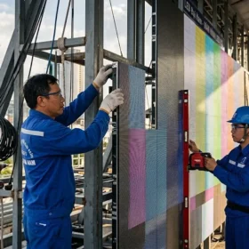 Kỹ thuật viên LED Đại Nam đang thi công lắp đặt màn hình led P3 chuyên nghiệp