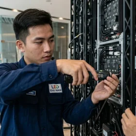 Kỹ thuật viên LED Đại Nam đang trực tiếp thi công lắp đặt màn hình led p3 indoor