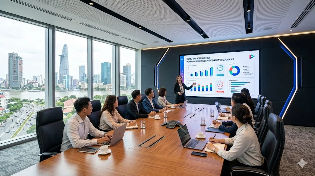 Màn hình LED P3 trong nhà được lắp đặt tại phòng họp công ty mang lại sự sang trọng