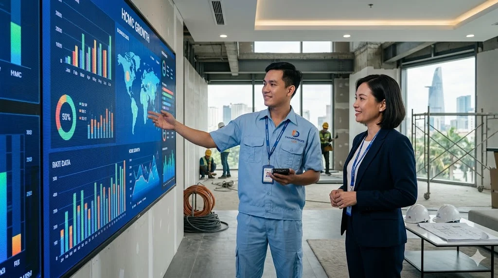 Chuyên gia Dainamgroups đang tư vấn giải pháp màn hình LED P3 trong nhà cho khách hàng