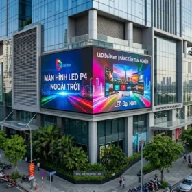 Tổng quan màn hình LED P4 ngoài trời lắp đặt tại mặt tiền tòa nhà hiện đại
