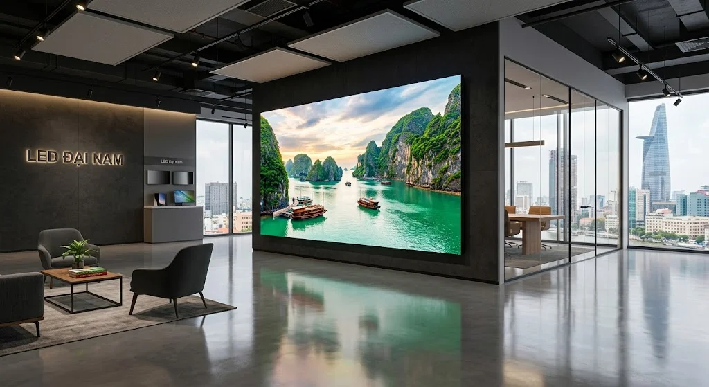 Toàn cảnh màn hình led p4 ngoài trời lắp đặt tại showroom hiện đại của LED Đại Nam