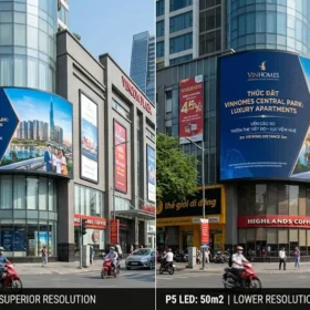 So sánh hiệu quả hiển thị giữa màn hình LED P4 ngoài trời và dòng P5 quảng cáo.