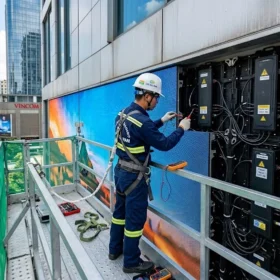 Kỹ thuật viên LED Đại Nam thi công lắp đặt màn hình led p4 ngoài trời chuyên nghiệp