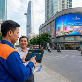 Kỹ thuật viên LED Đại Nam đang tư vấn và vận hành màn hình LED P4 ngoài trời cho khách hàng.