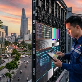 Kỹ thuật viên LED Đại Nam đang tư vấn và hiệu chỉnh màn hình LED P4 ngoài trời