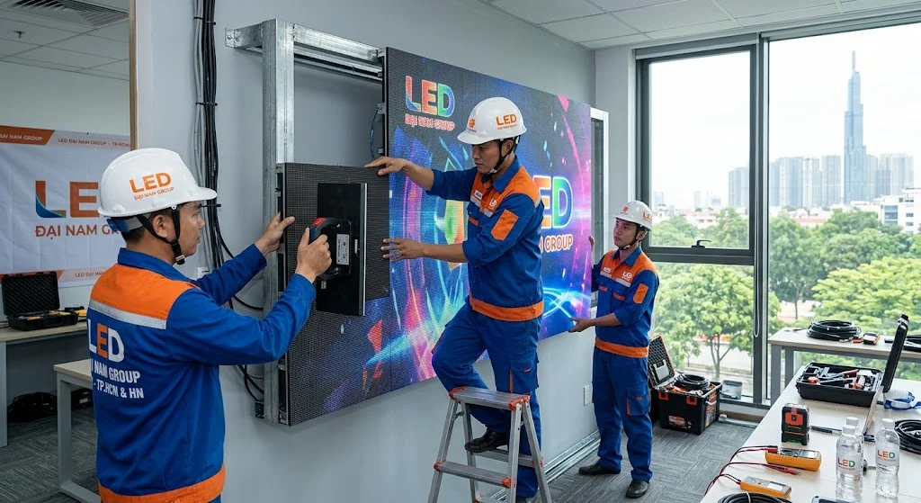 Kỹ thuật viên LED Đại Nam đang thi công lắp đặt màn hình LED P5 trong nhà
