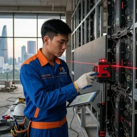 Kỹ thuật viên LED Đại Nam đang thi công màn hình led P5 trong nhà