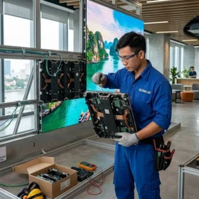 Kỹ thuật viên LED Đại Nam đang thi công lắp đặt màn hình led P5 trong nhà