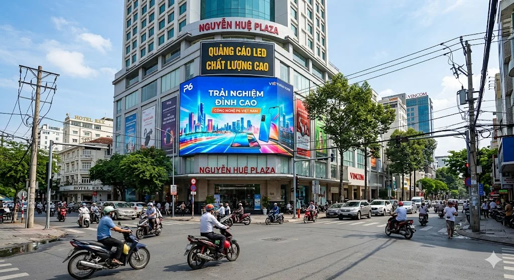 Màn hình led p6 ngoai troi hiển thị sắc nét dưới ánh nắng gắt tại ngã tư đường phố