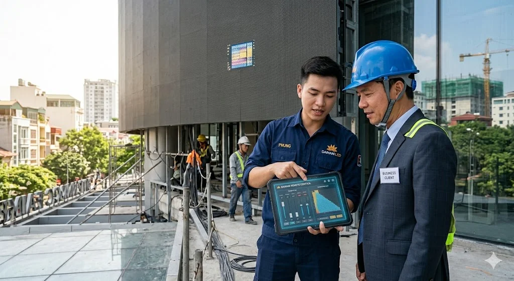 Kỹ thuật viên Dainamgroups đang tư vấn và bàn giao màn hình led p6 ngoai troi cho khách hàng
