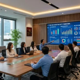 Mẫu màn hình led phòng họp P2 được lắp đặt thẩm mỹ tối ưu cho diện tích phòng họp vừa