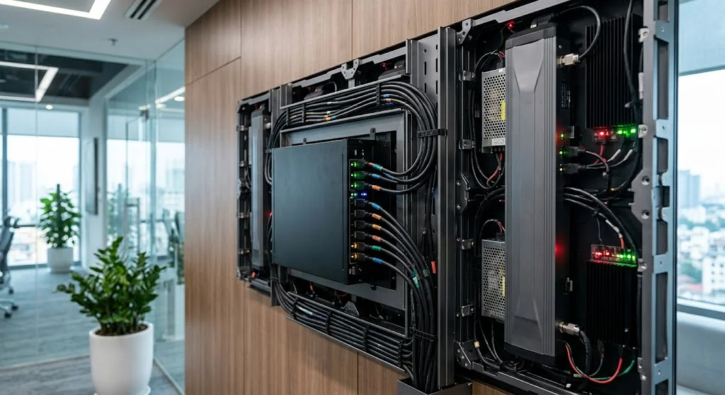 Cận cảnh vi mạch và cổng kết nối chuyên nghiệp của màn hình led phòng họp