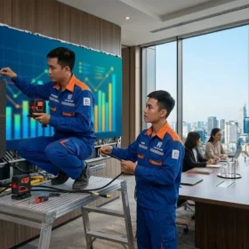 Đội ngũ kỹ thuật viên LED Đại Nam thi công lắp đặt màn hình led phòng họp trọn gói