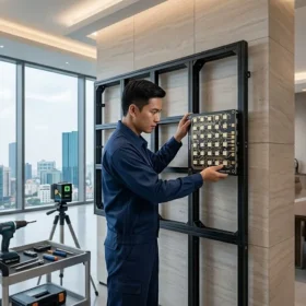 Kỹ thuật viên Công ty LED Đại Nam đang thi công lắp đặt màn hình led phòng họp