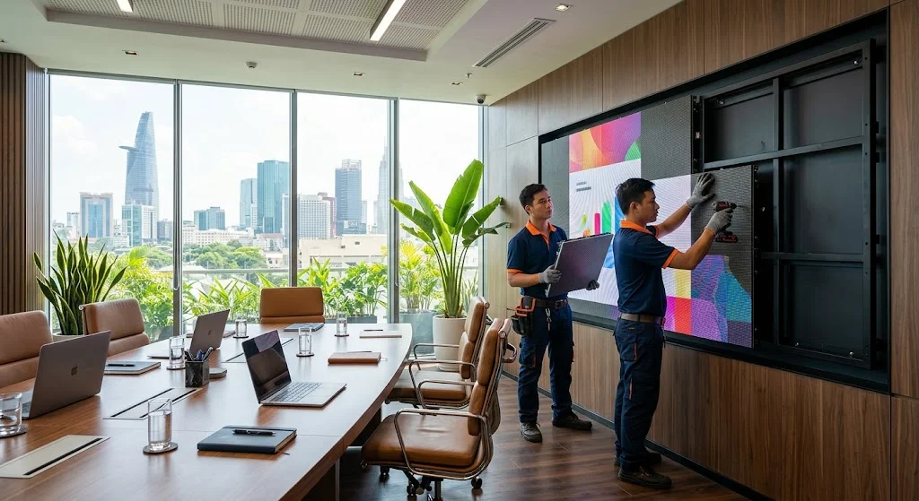 Đội ngũ kỹ thuật viên chuyên nghiệp đang thi công lắp ráp màn hình led phòng họp.