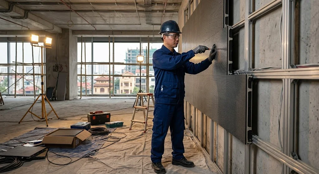 Kỹ thuật viên thi công lắp đặt màn hình led phòng họp tại văn phòng