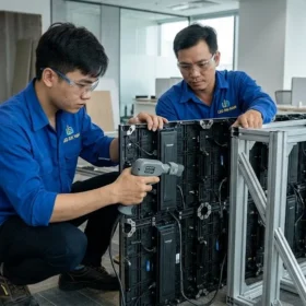 Kỹ thuật viên LED Đại Nam thi công lắp đặt màn hình led phòng họp tại công trình
