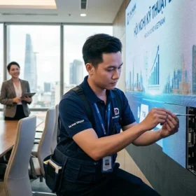 Kỹ thuật viên LED Đại Nam đang tỉ mỉ lắp đặt màn hình LED phòng họp cho khách hàng