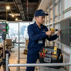 Kỹ thuật viên LED Đại Nam đang trực tiếp thi công lắp đặt màn hình led phòng họp tại công trình