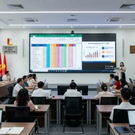 Màn hình P2.5 sắc nét lắp đặt khi thi công màn hình LED hội trường cho trường học.