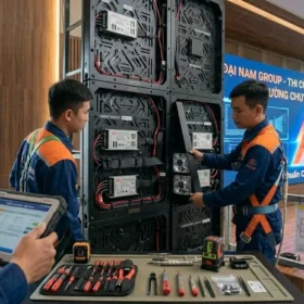 Đội ngũ kỹ thuật viên LED Đại Nam đang trực tiếp thi công màn hình LED hội trường