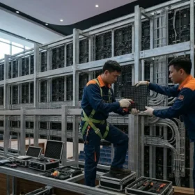 Kỹ thuật viên LED Đại Nam đang trực tiếp thi công màn hình LED hội trường cho khách hàng.